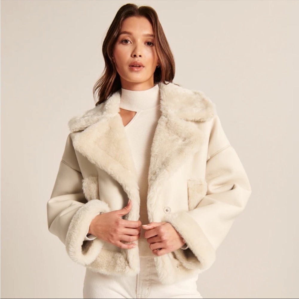Short Sherpa Lined Vegan Leather Moto Jacket